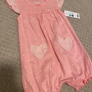 Pink one piece baby body suit polka dots and stripes hearts NWT